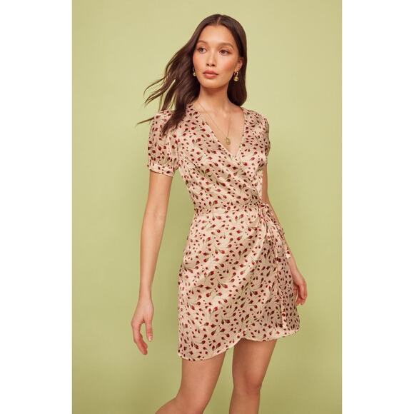 Reformation Cream Silk Mini Wrap Dress Rose Print Puff Sleeve V-Neck Size M - Picture 1 of 11